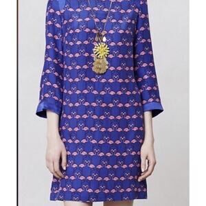Anthropologie Harlyn 100% Silk Flamingo Repeat Shift Tunic Dress Blue XS
